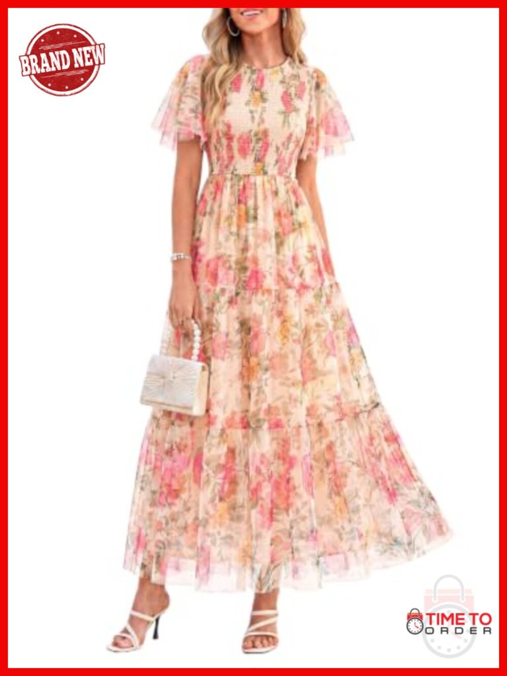Women Tulle Floral Flowy Maxi Dress Fit Flare Semi Formal